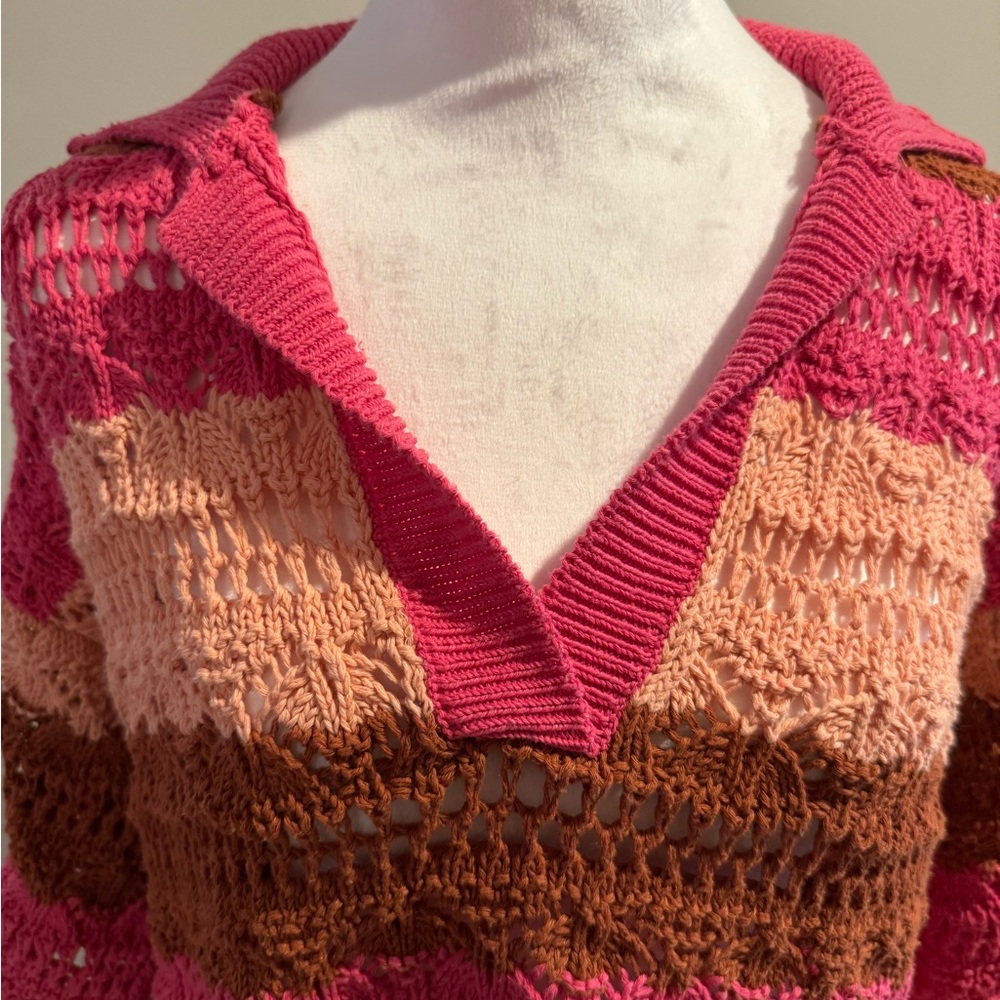 Zara Oversized Retro Crochet Polo Sweater, Size S-M